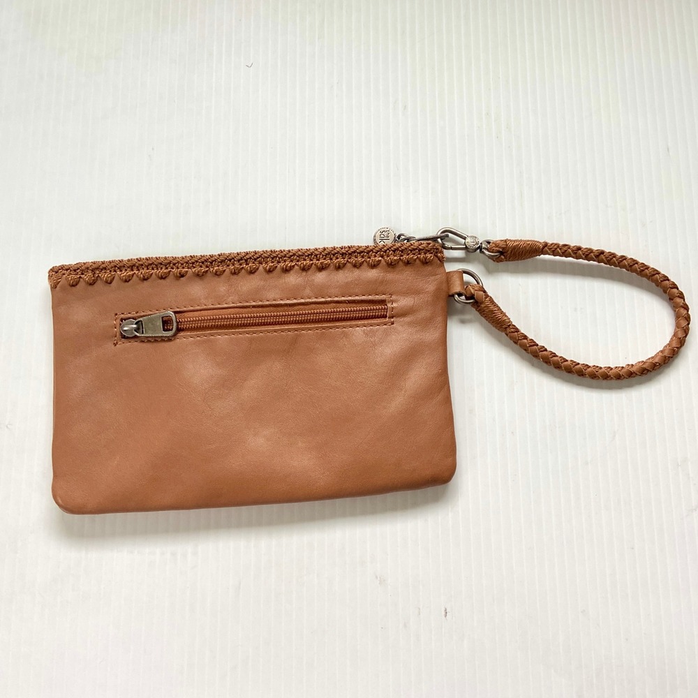 The Sak Vita Wristlet Clutch Tobacco Brown Leather Zip Top Pouch Braided Strap